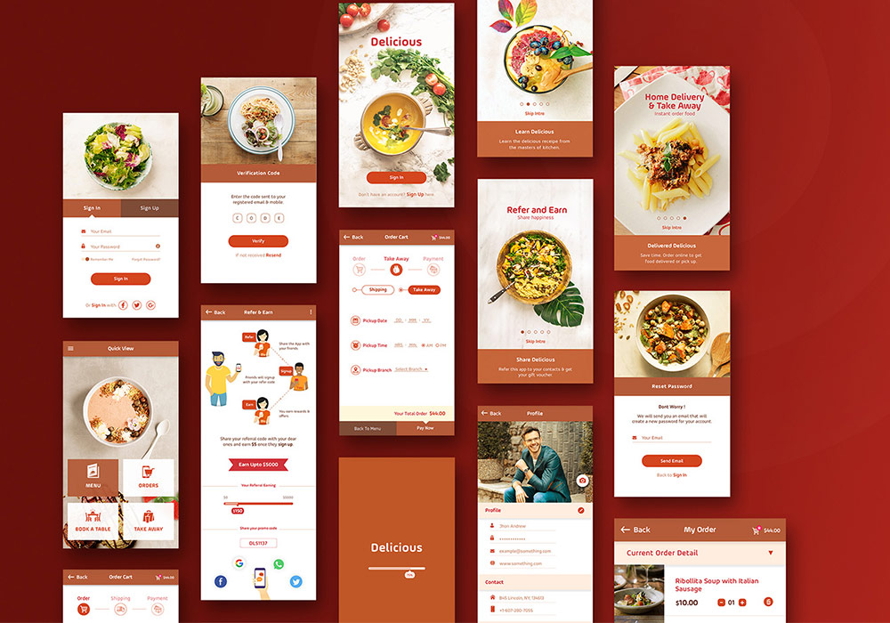餐厅和食品的PSD分层移动手机APP UI工具包Delicious