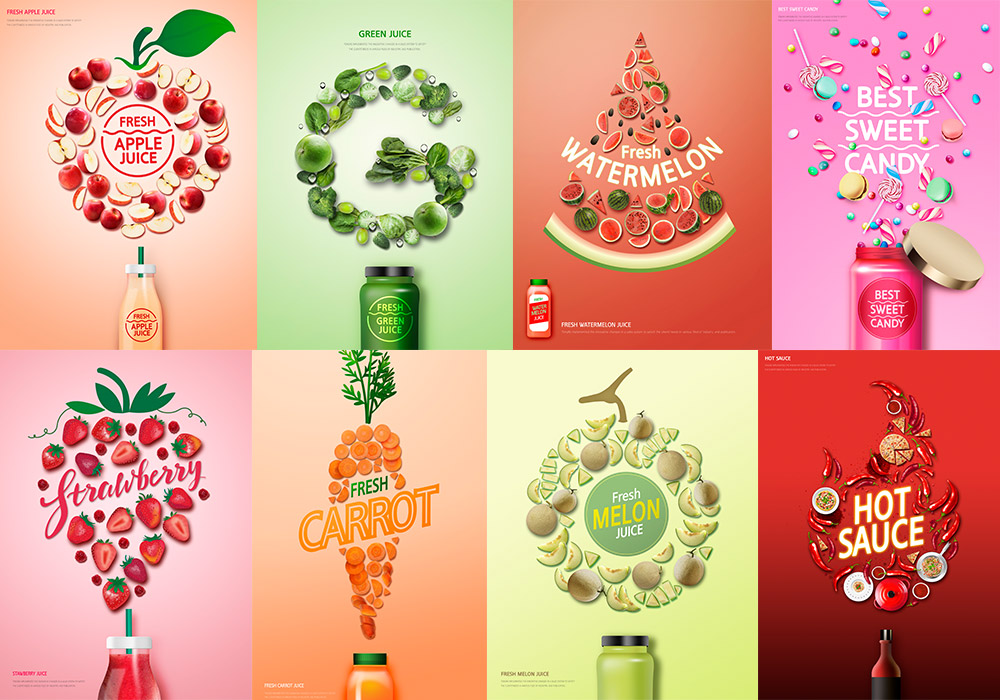 饮料水果分层海报广告展板素材打包下载