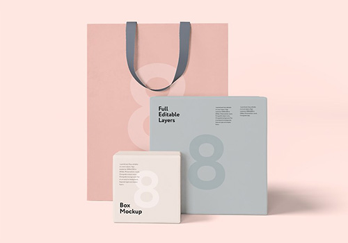 高端礼盒纸袋包装VI品牌样机PSD模版 Box and bag Mockups set