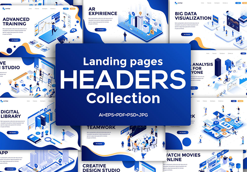 现代高端3D立体2.5D等距平面设计概念Modern flat design isometric