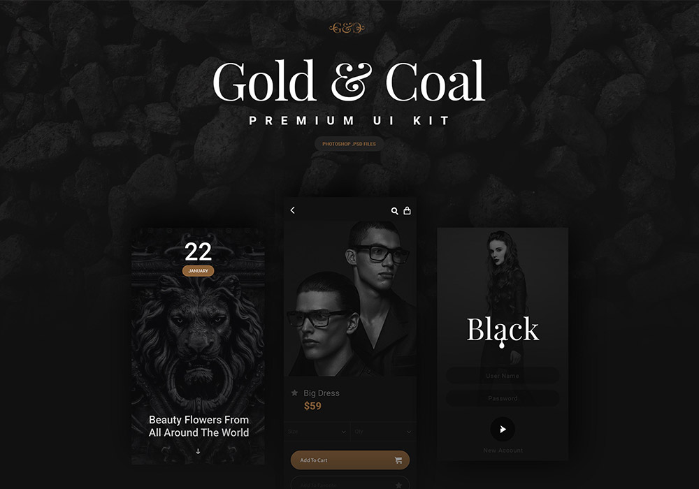 高端黑色电商社交音乐APP UI界面套件 Gold & Coal iOS UI Kit