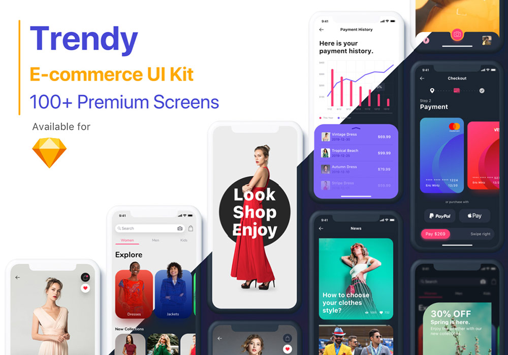 黑白2版本电子商务UI工具包 Trendy  E-commerce UI Kit