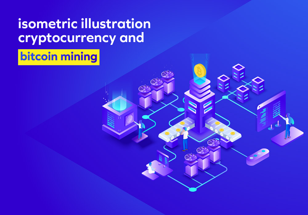 比特币和加密货币采矿设施的等距插图 bitcoin mining isometric illustration