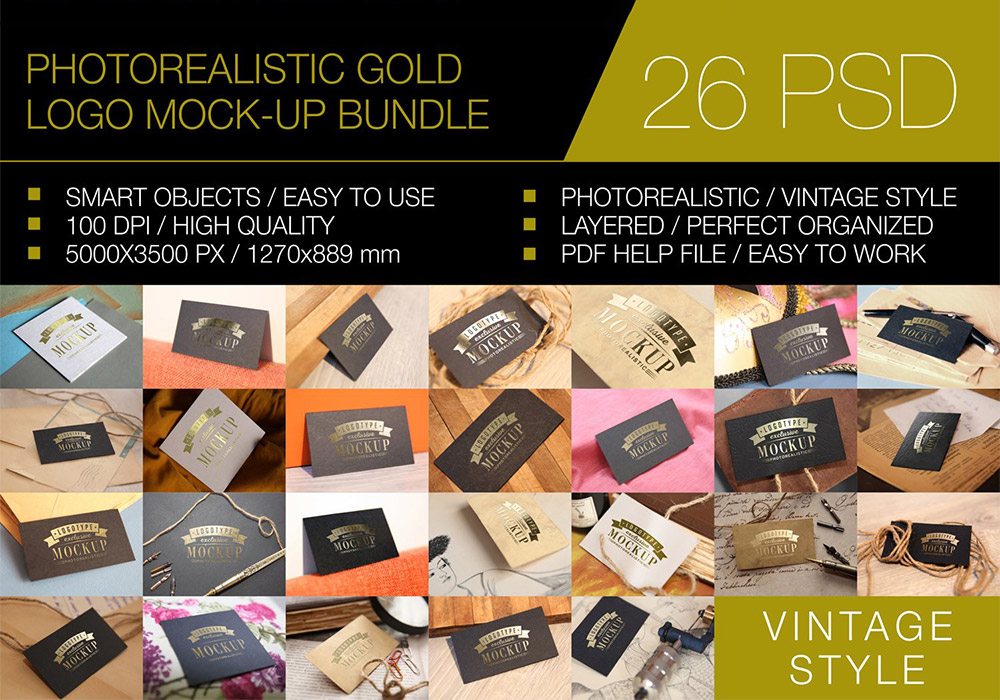 26个金色卡片徽标Logo样机模板 Gold Logo Mockup Bundle