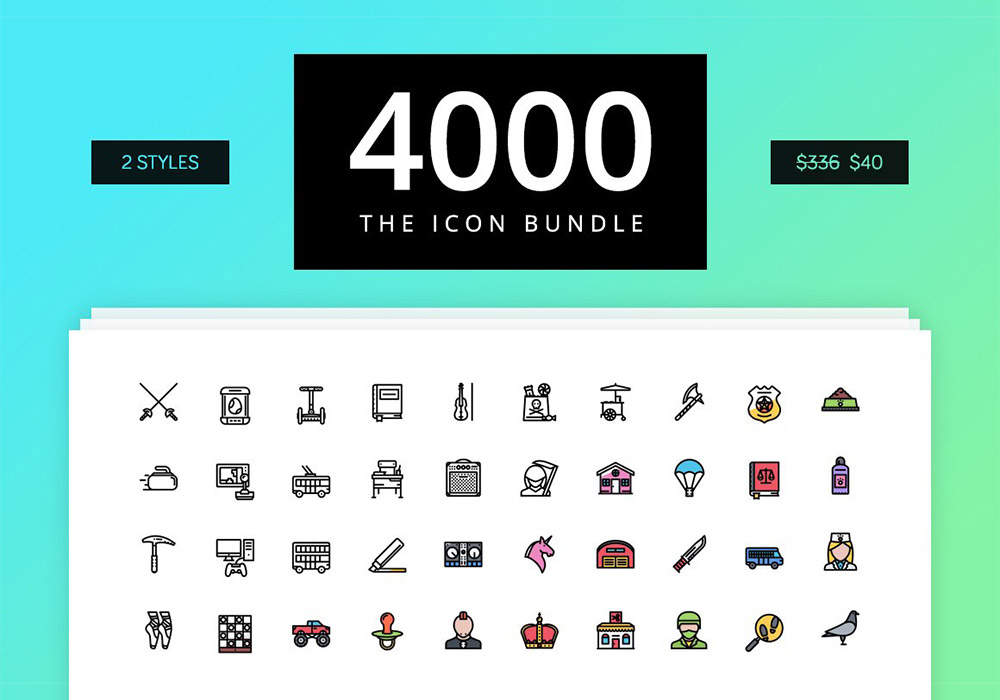 36类别4000个矢量图标集（2000个轮廓和2000个彩色）