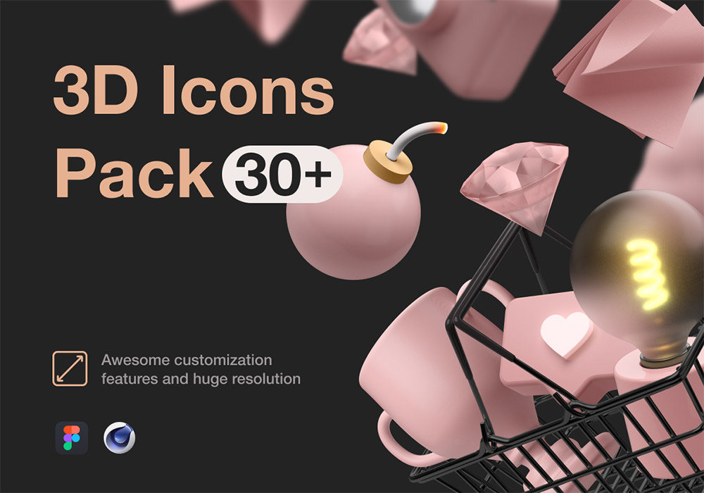 30个易于自定义的3D立体图标集 3D Icons Pack