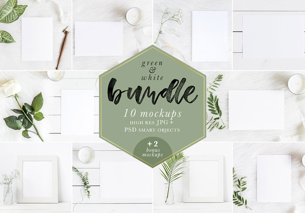 清新绿色和白色桌面展示样机套装 Green & White Mockups Bundle