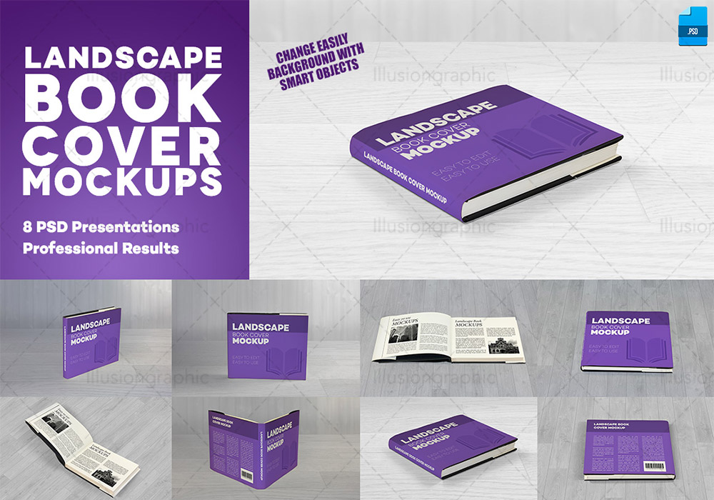 真实感图书封面样机 Landscape Book Cover Mockups