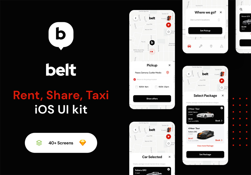 共享和出租车应用程序App用户界面套件 Belt App UI kit