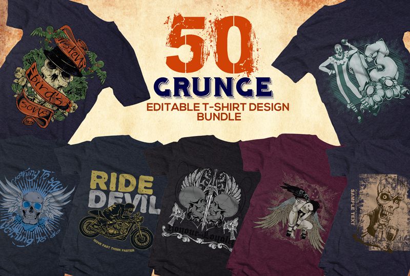 50种T恤设计矢量图案合集 Grunge T-Shirt Design Editable Bundle