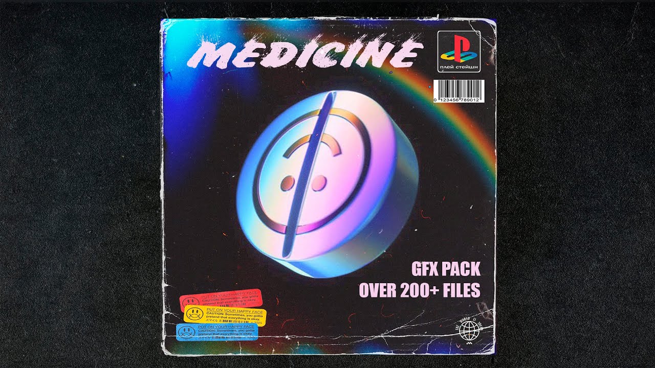 复古故障塑料全息渐变贴纸设计元素 MEDICINE Mega GFX Pack