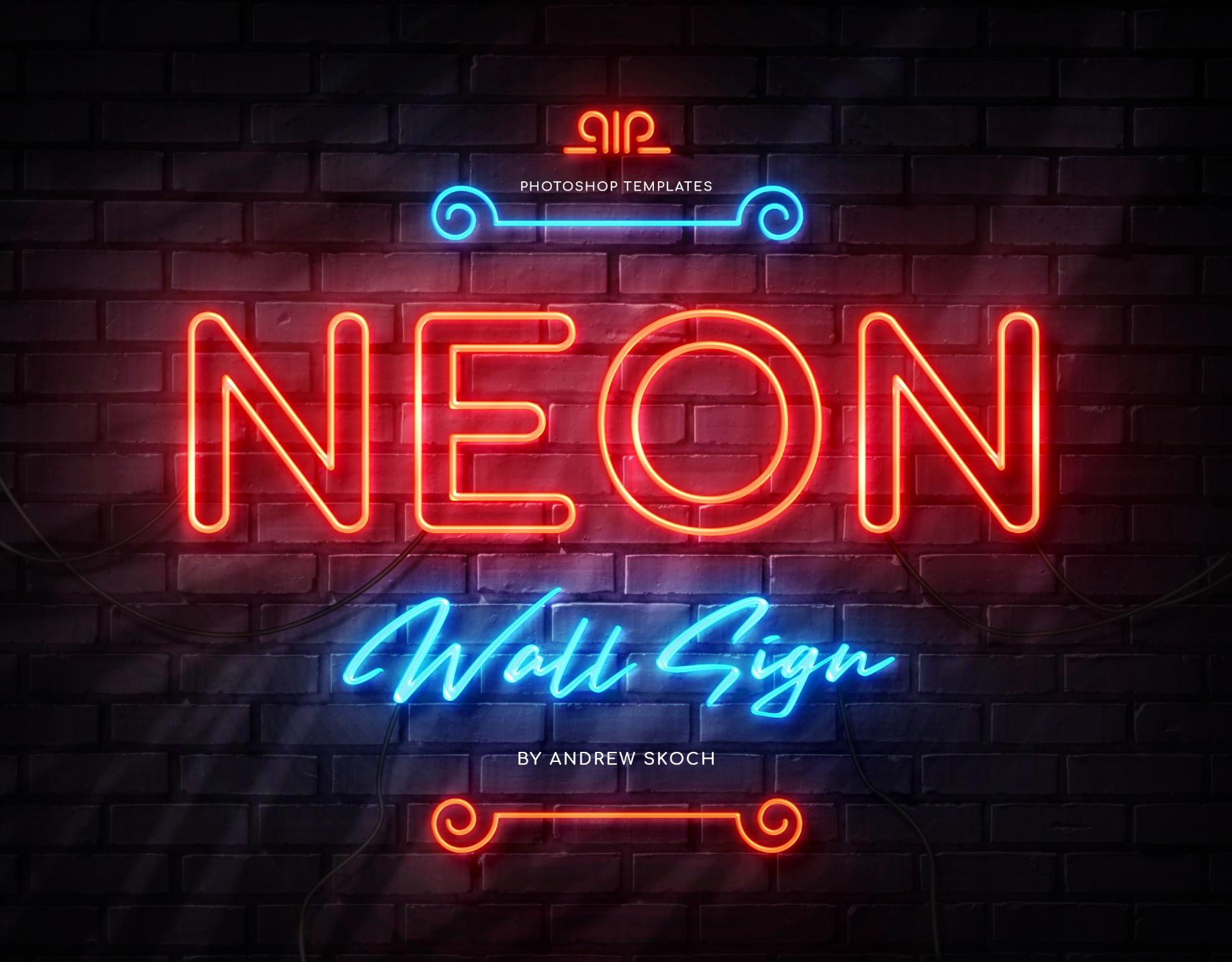 霓虹灯效果墙标LOGO徽标样机模板 Neon Wall Sign Creator