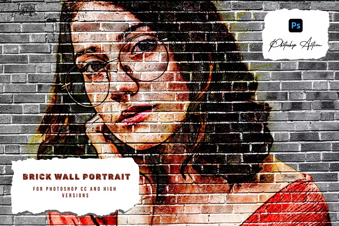 逼真的砖墙肖像涂鸦PS动作 Brick Wall Portrait Photoshop Action