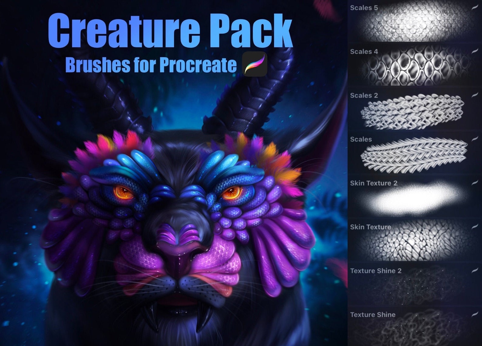 神话神兽动物羽毛磷角翅膀材质笔刷 Creature Brushes and Stamps for Procreate