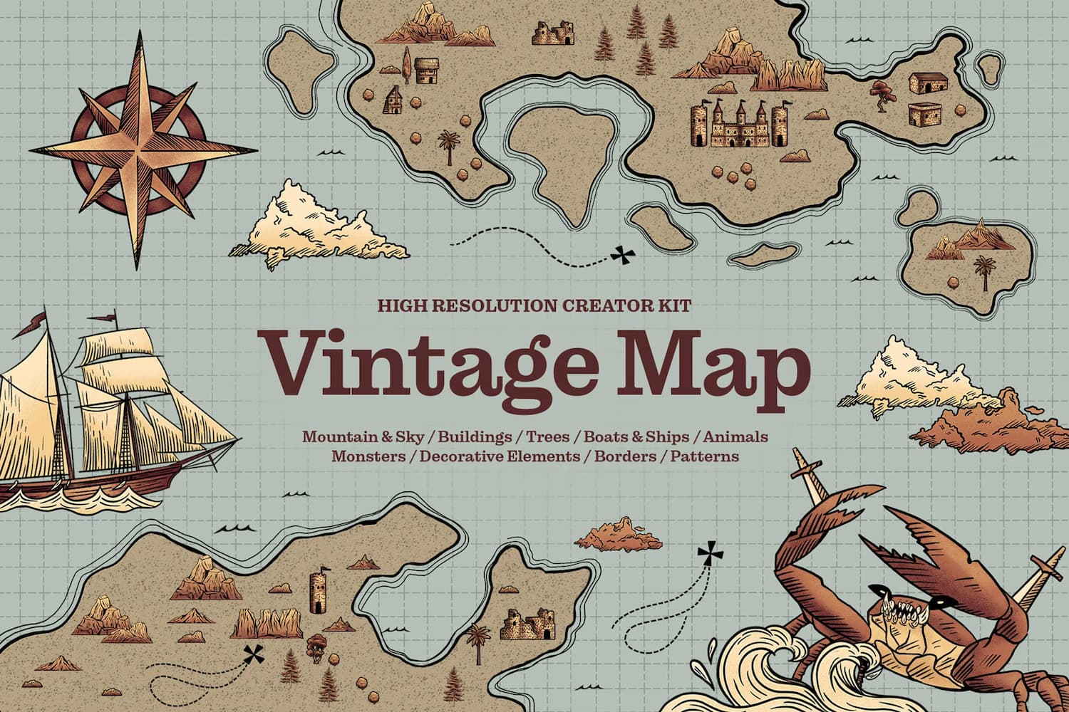 复古奇幻与航海地图制作设计元素套件