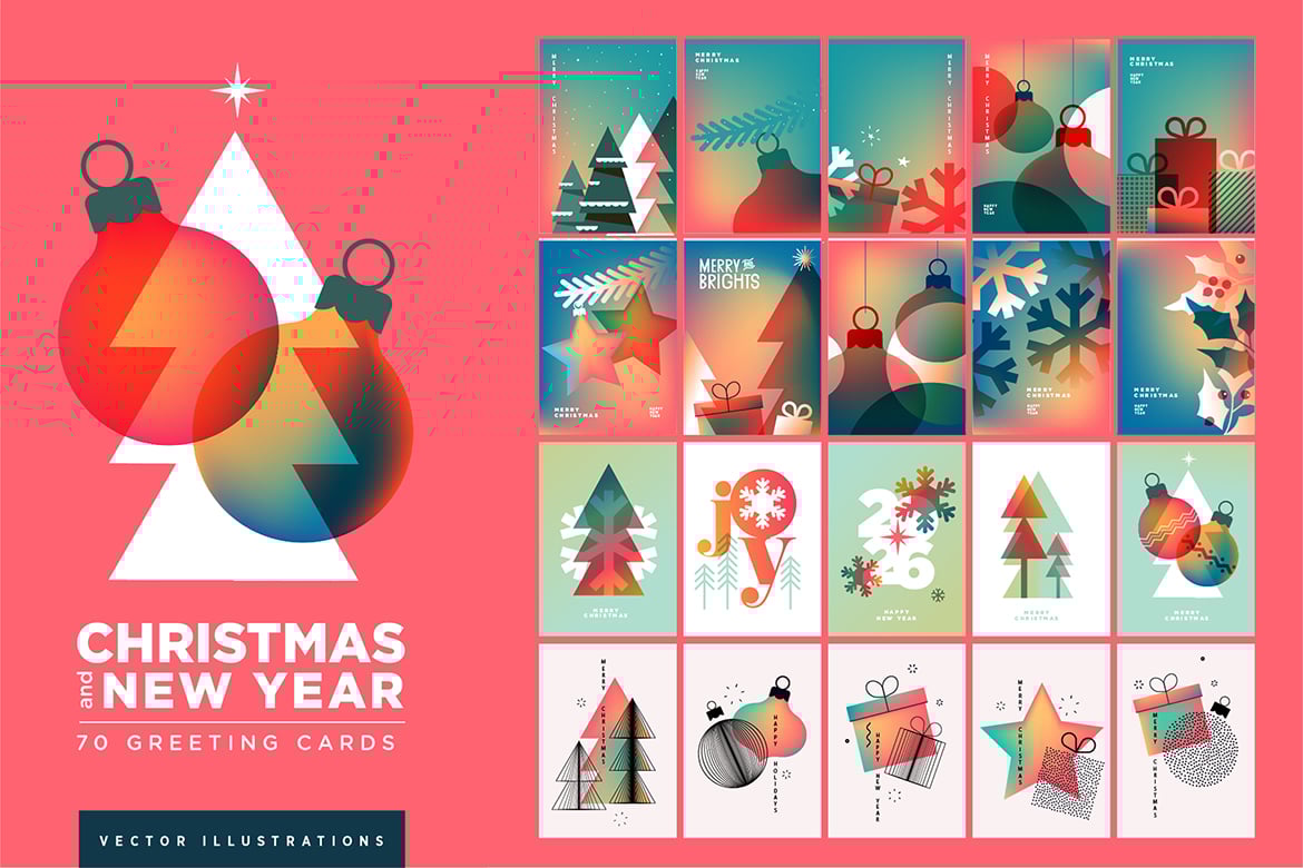 圣诞,新年节日贺卡矢量插图模板