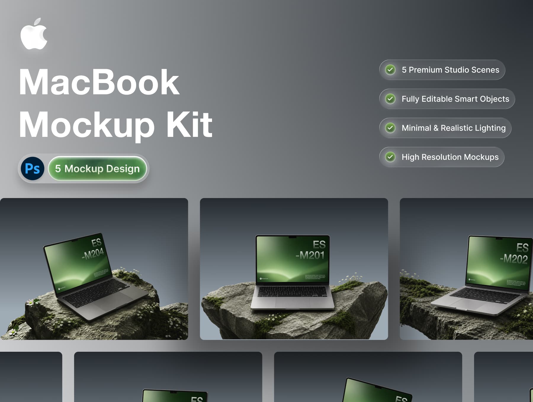 逼真影棚灯光效果的高级 MacBook 样机模型